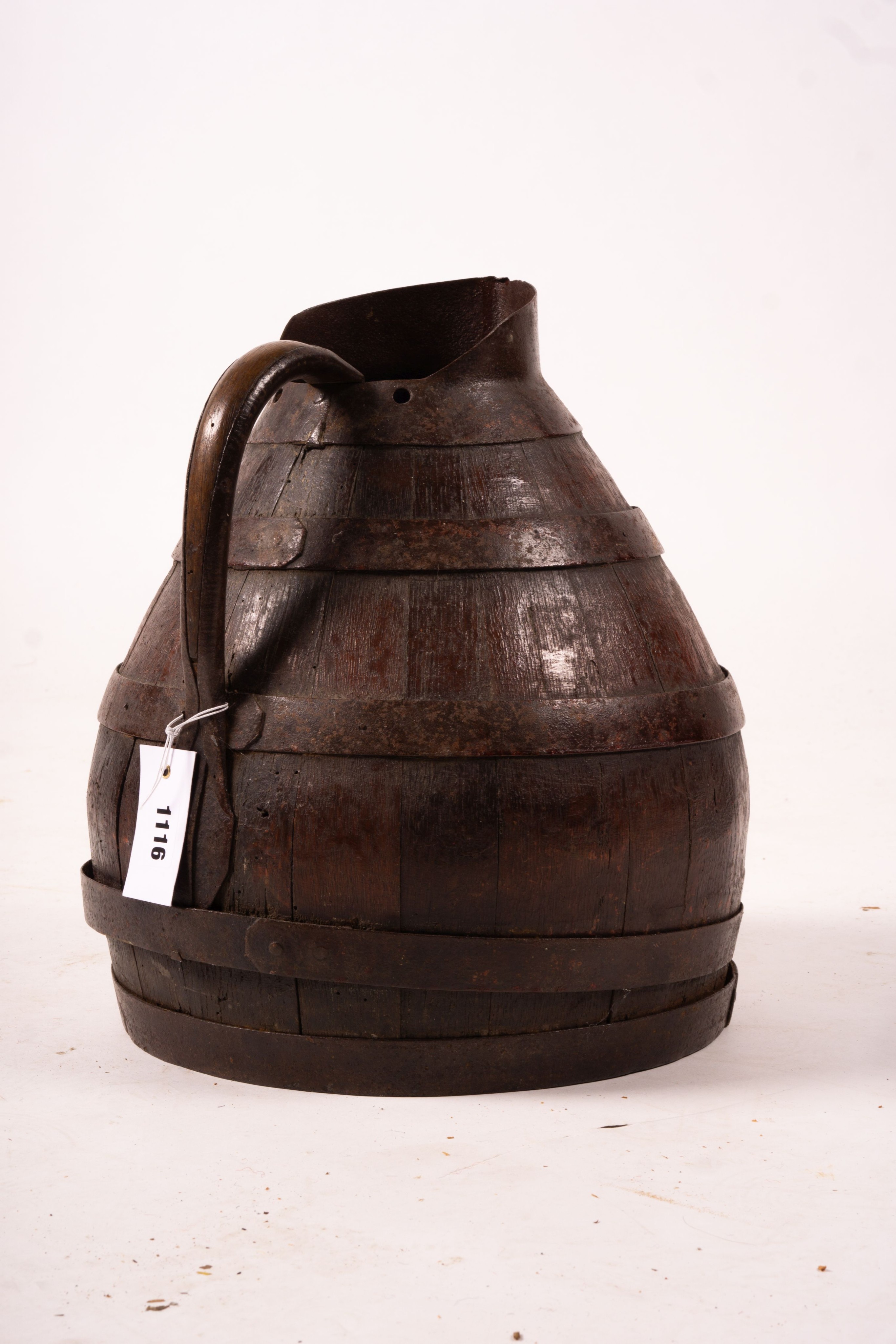 A Victorian iron bound staved oak jug, height 36cm, an amphora style pottery vase and a copper warming pan